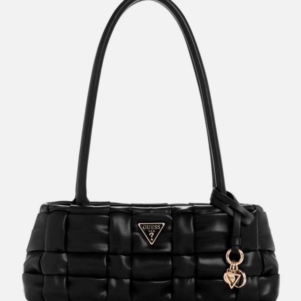 Guess Black Quilted Shoulder Bag with Gold Hardware